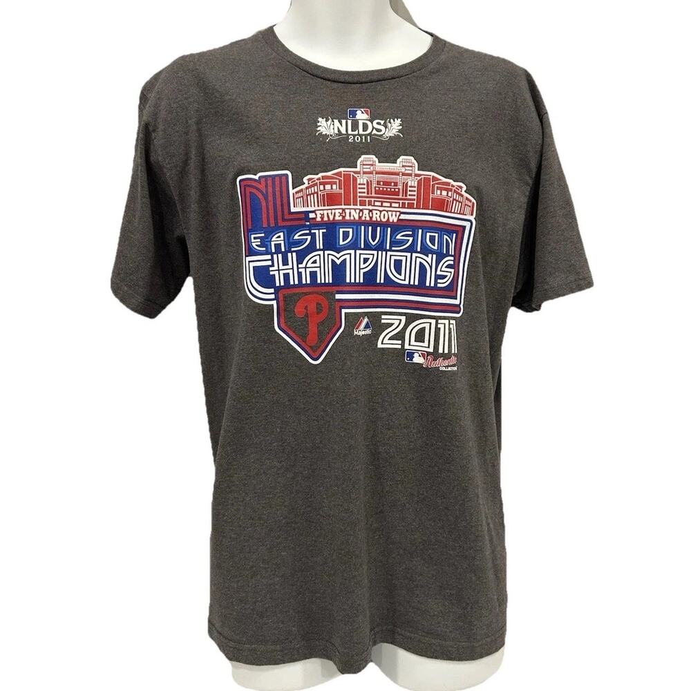 Philadelphia Phillies Shirt Mens LARGE Gray 2011 Majestic NL East Champions Five
